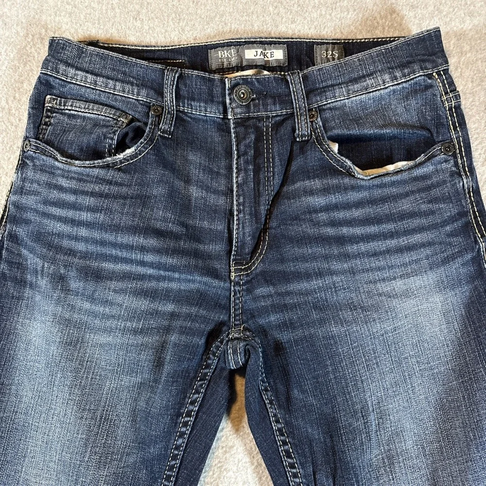 BKE Jake Boot Leg Jeans Blue Denim Straight Leg Dark Wash Stretch Mens 32s 32x29